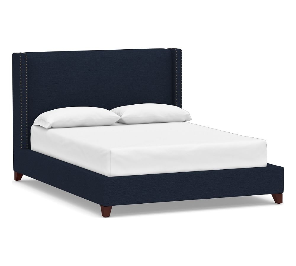 Harper Non-Tufted Upholstered Low Bed with Bronze Nailheads, Full, Performance Heathered Basketweave Navy - Image 0