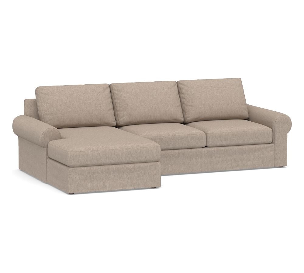 Big Sur Roll Arm Slipcovered Right Arm Loveseat with Chaise Sectional, Down Blend Wrapped Cushions, Sunbrella(R) Performance Sahara Weave Mushroom - Image 0
