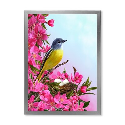 Little Yellow Bird Near The Nest With Flowers - Traditional Canvas Wall Art Print-FDP35984 - Image 0