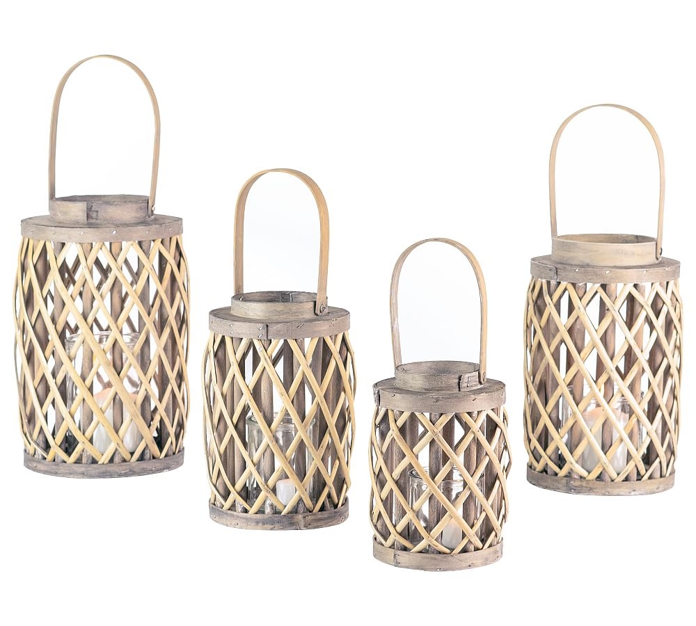 Grey Willow Lanterns With Glass Cylinder, Grey Wash Outdoor, Set of 4 - Image 0