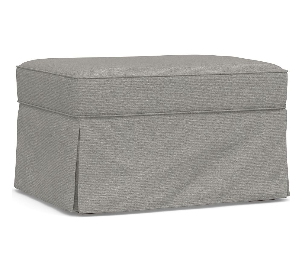 PB Comfort Roll Arm Slipcovered Ottoman, Box Edge Polyester Wrapped Cushions, Performance Heathered Basketweave Platinum - Image 0