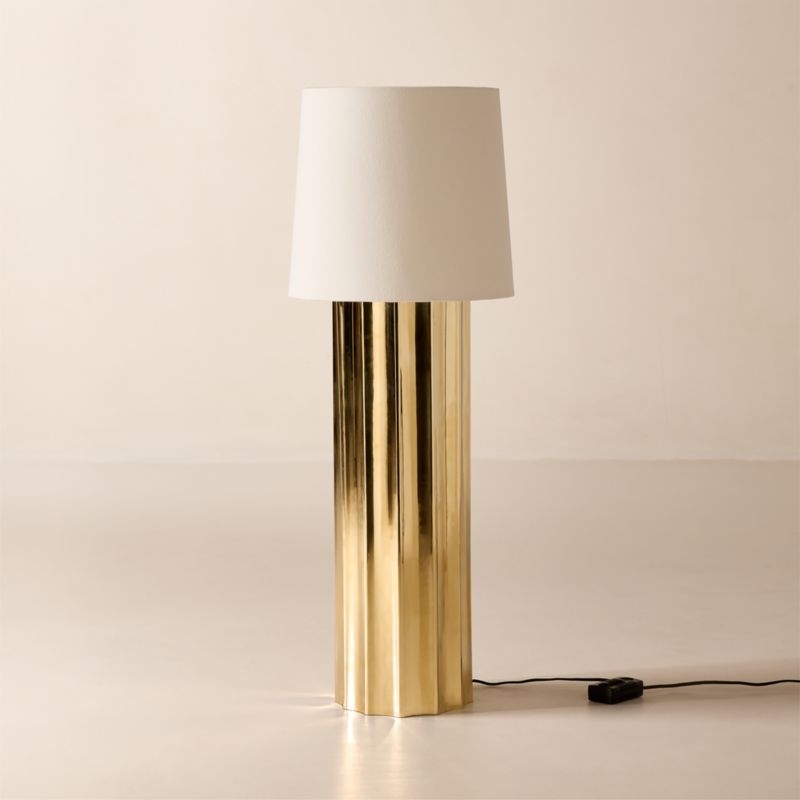 Baz Oversized Scalloped Unlacquered Brass Floor Lamp with Cotton Shade - Image 1