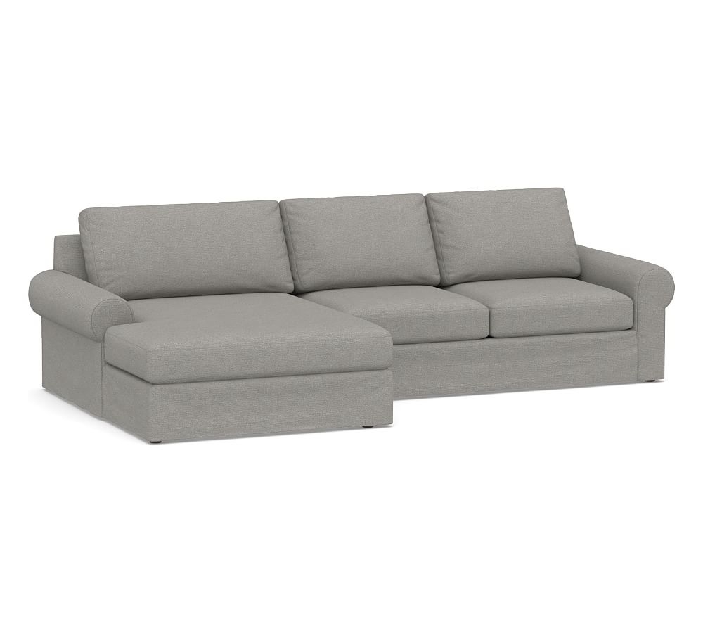 Big Sur Roll Arm Slipcovered Right Arm Loveseat with Double Chaise Sectional, Down Blend Wrapped Cushions, Performance Heathered Basketweave Platinum - Image 0