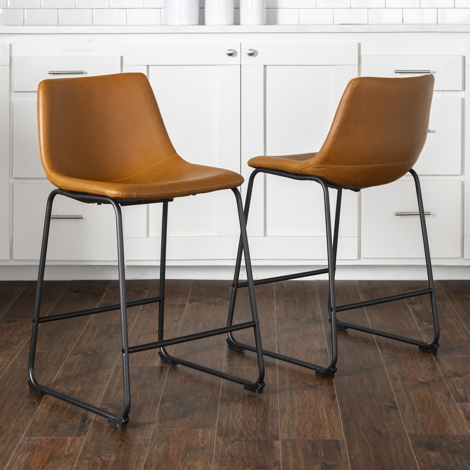24" Industrial Faux Leather Counter Stools, Set of 2 - Whiskey Brown - Image 4