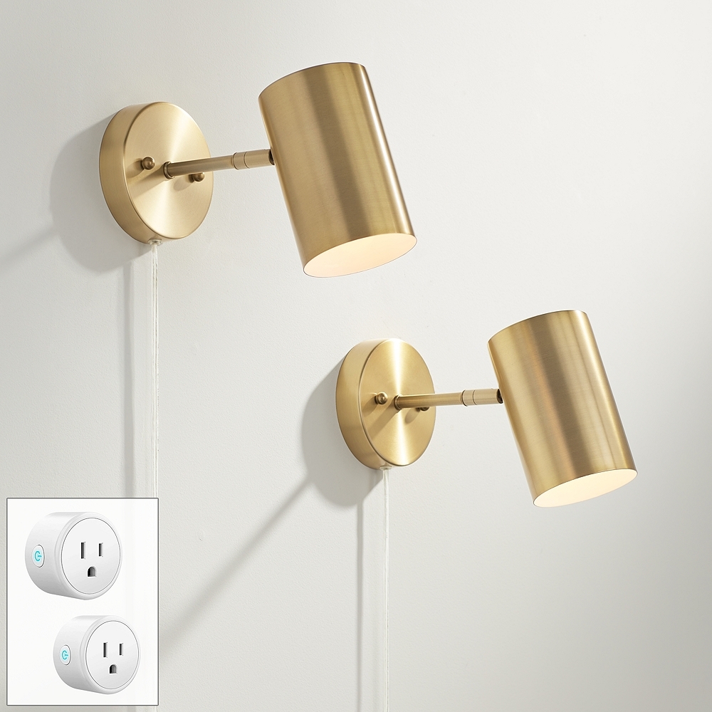 360 Lighting Carla 7" Brass Plug-In Wall Lamps Set with Smart Sockets - Image 0