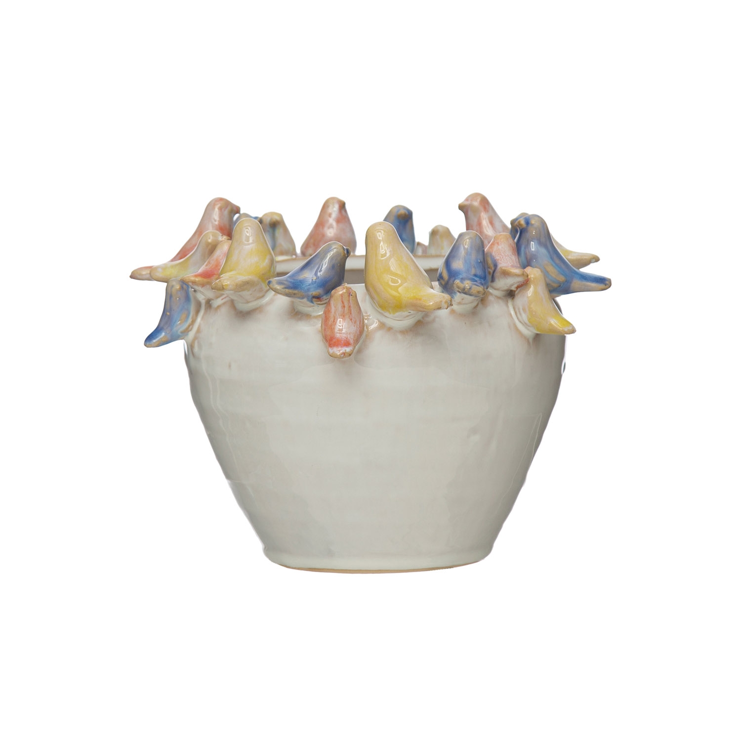 Stoneware Planter with Birds on Rim, Reactive Glaze - Image 0