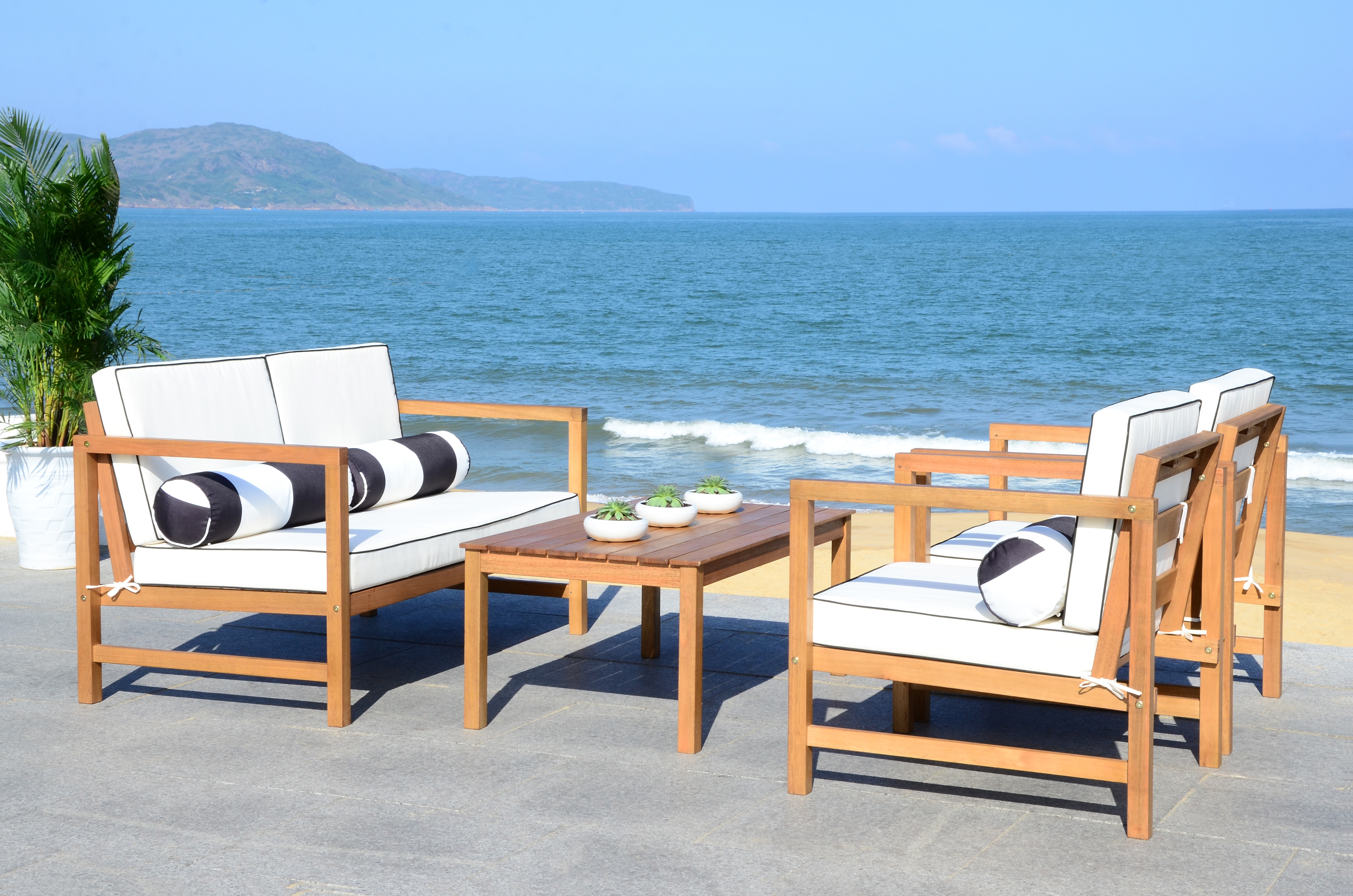 Montez 4 Piece Outdoor Set With Accent Pillows - Natural/Black/White - Safavieh - Image 4