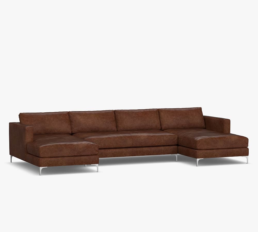 Jake Leather U-Chaise Loveseat Sectional with Brushed Nickel Legs, Down Blend Wrapped Cushions, Vintage Caramel - Image 0