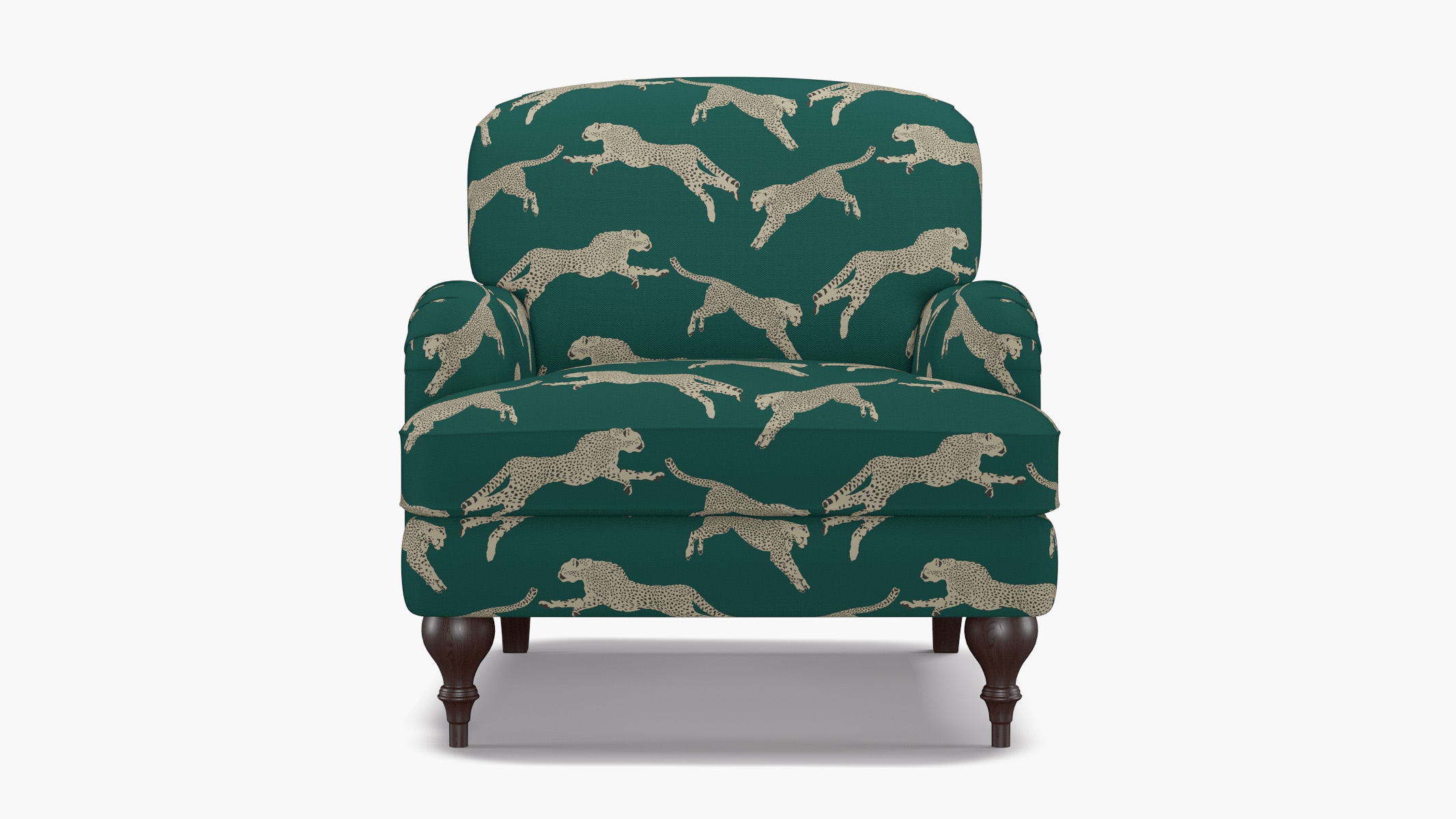 English Roll Arm Chair, Polo Green Cheetah, Espresso Turned Wood Leg - Image 0