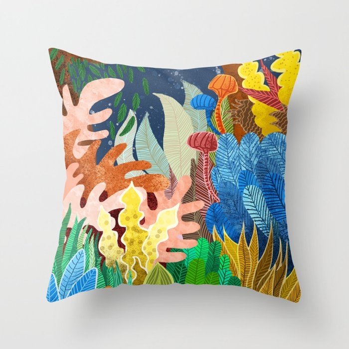 Night Forest, Whimsical Eclectic Quirky Illustration, Dark Botanical Nature Colorful Painting Throw Pillow by 83 Oranges Free Spirits - Cover (20" x 20") With Pillow Insert - Outdoor Pillow - Image 0