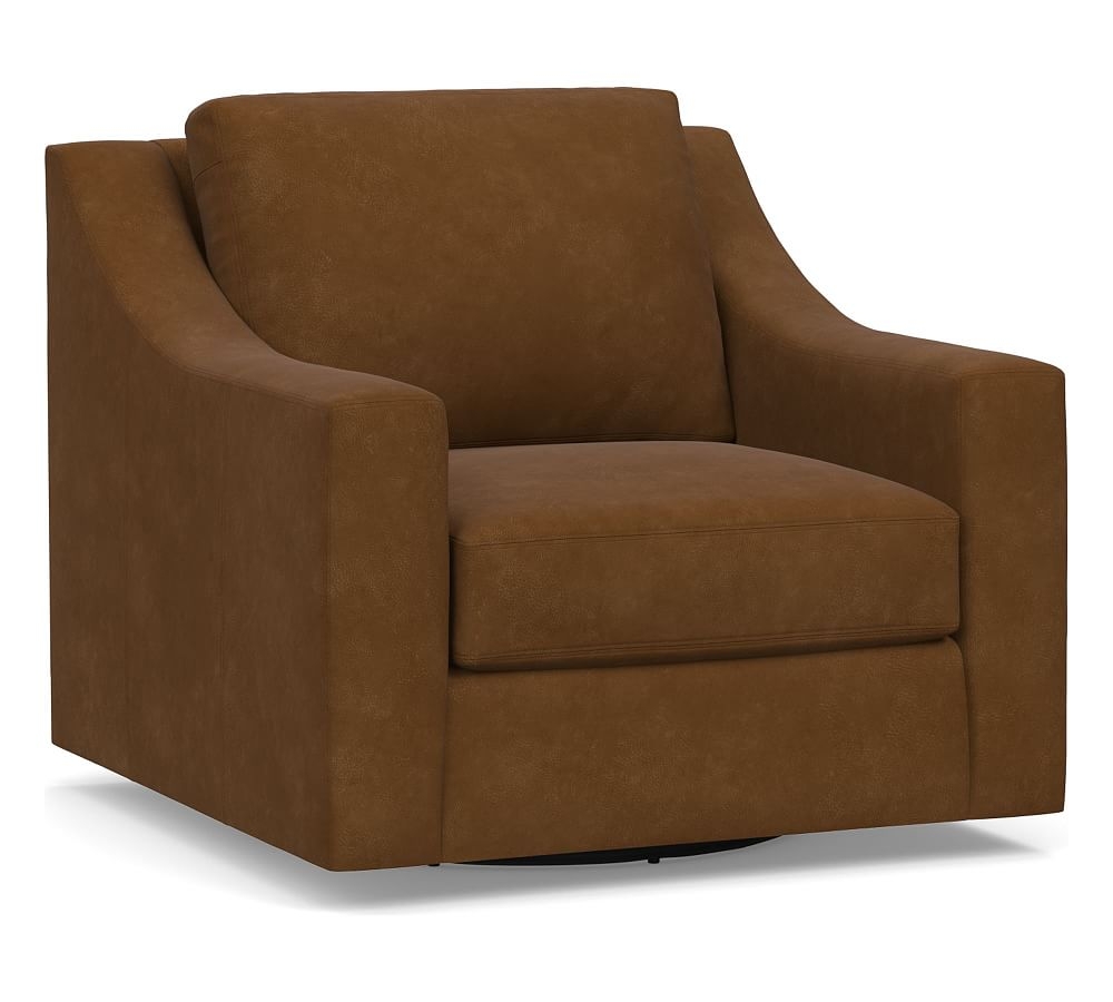 York Slope Arm Leather Swivel Armchair, Polyester Wrapped Cushions, Aviator Umber - Image 0