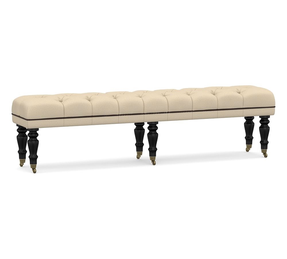 Raleigh Upholstered Tufted King Bench with Black Legs & Bronze Nailheads, Park Weave Oatmeal - Image 0