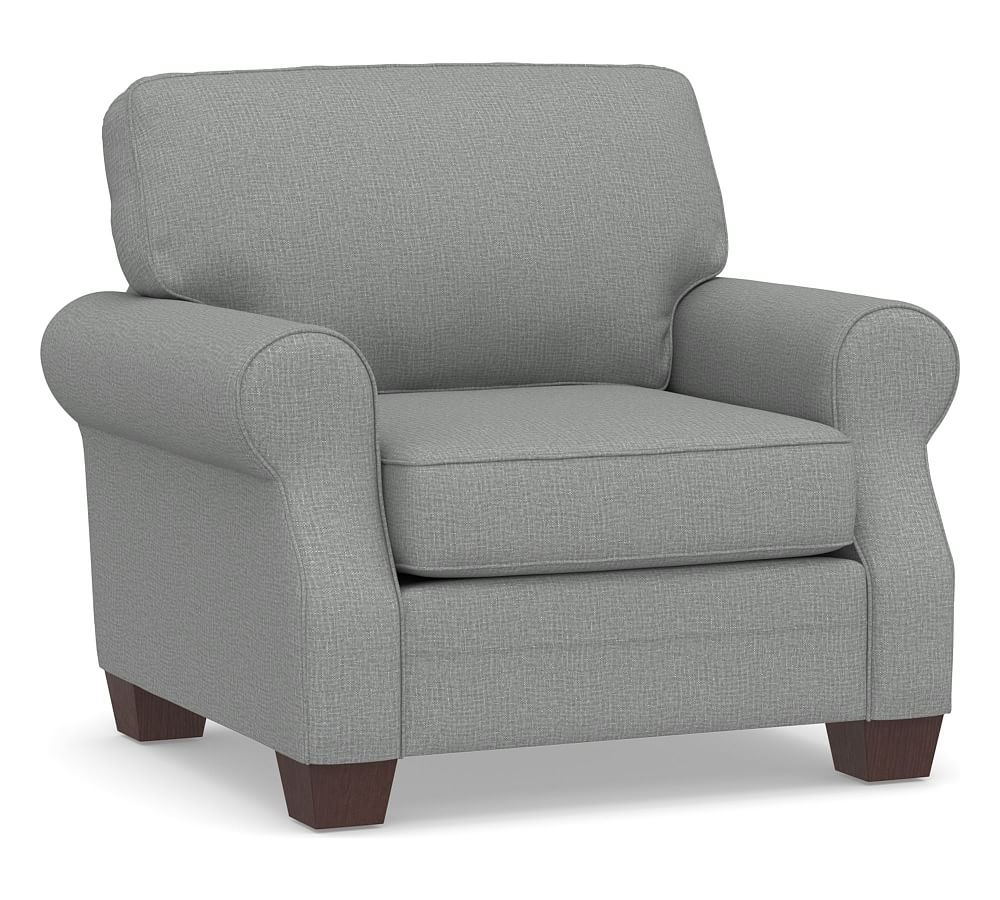 SoMa Fremont Roll Arm Upholstered Armchair, Polyester Wrapped Cushions, Performance Brushed Basketweave Chambray - Image 0