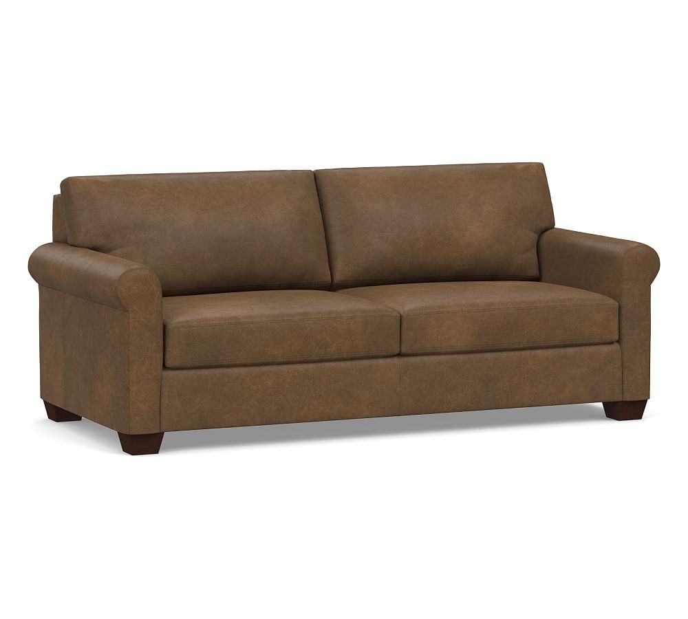 York Roll Arm Leather Sofa 83", Polyester Wrapped Cushions, Churchfield Chocolate - Image 0
