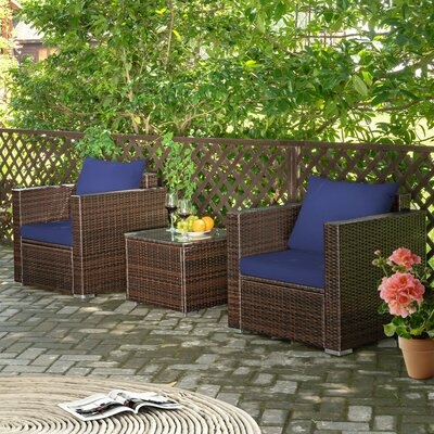 Ebern Designs 3pcs Rattan Patio Outdoor Conversation Furniture Set W/ Navy Cushions - Image 0