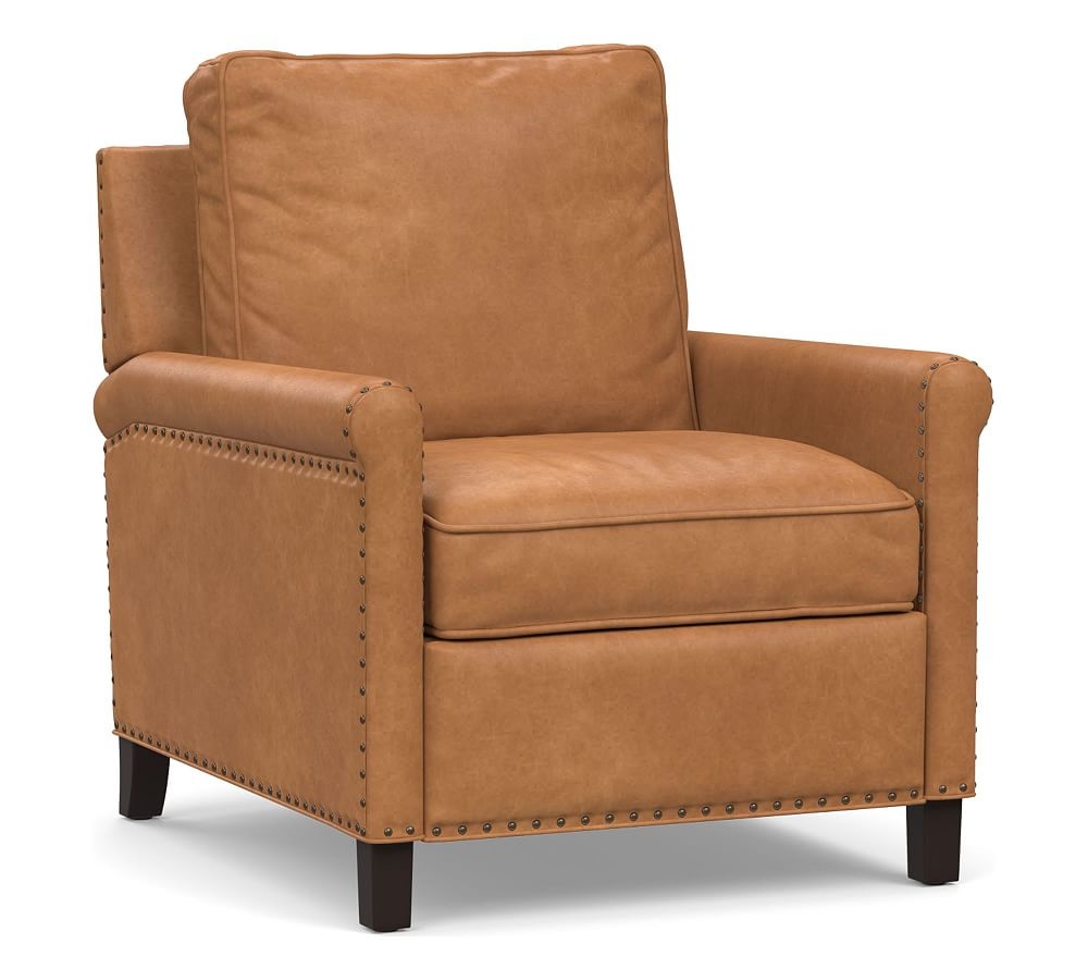 Tyler Roll Arm Leather Power Recliner with Nailheads, Down Blend Wrapped Cushions Churchfield Camel - Image 0