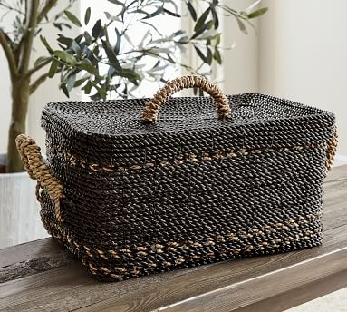 Asher Lidded Seagrass Basket, Charcoal/natural - Image 3