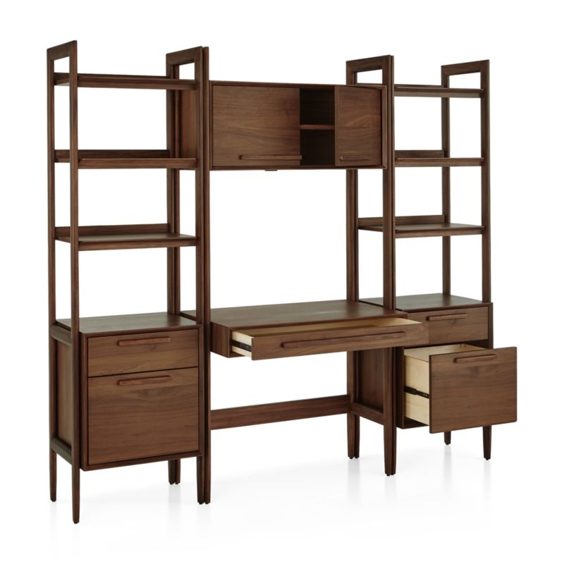 Tate Walnut Bookcase Desk with Outlet with 2 Bookcase File Cabinets. - Image 1