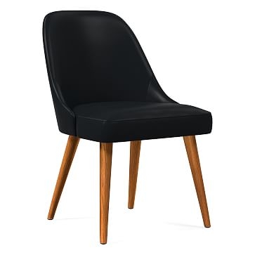 Mid-Century Upholstered Dining Chair, Sierra Leather, Black, Pecan - Image 0