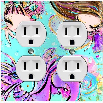 Metal Light Switch Plate Outlet Cover (Fairy Princesses Seahorse Teal Flower  - Double Duplex) - Image 0