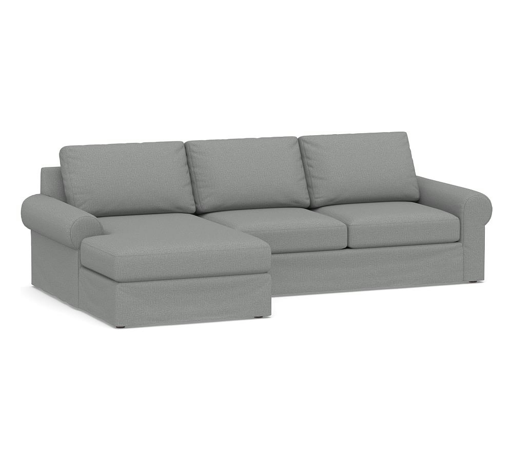 Big Sur Roll Arm Slipcovered Right Arm Loveseat with Chaise Sectional, Down Blend Wrapped Cushions, Performance Brushed Basketweave Chambray - Image 0