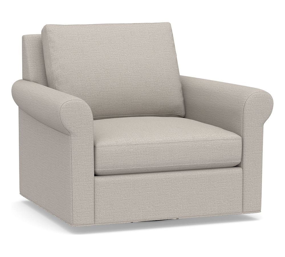 Sanford Roll Arm Upholstered Swivel Armchair, Polyester Wrapped Cushions, Chunky Basketweave Stone - Image 0