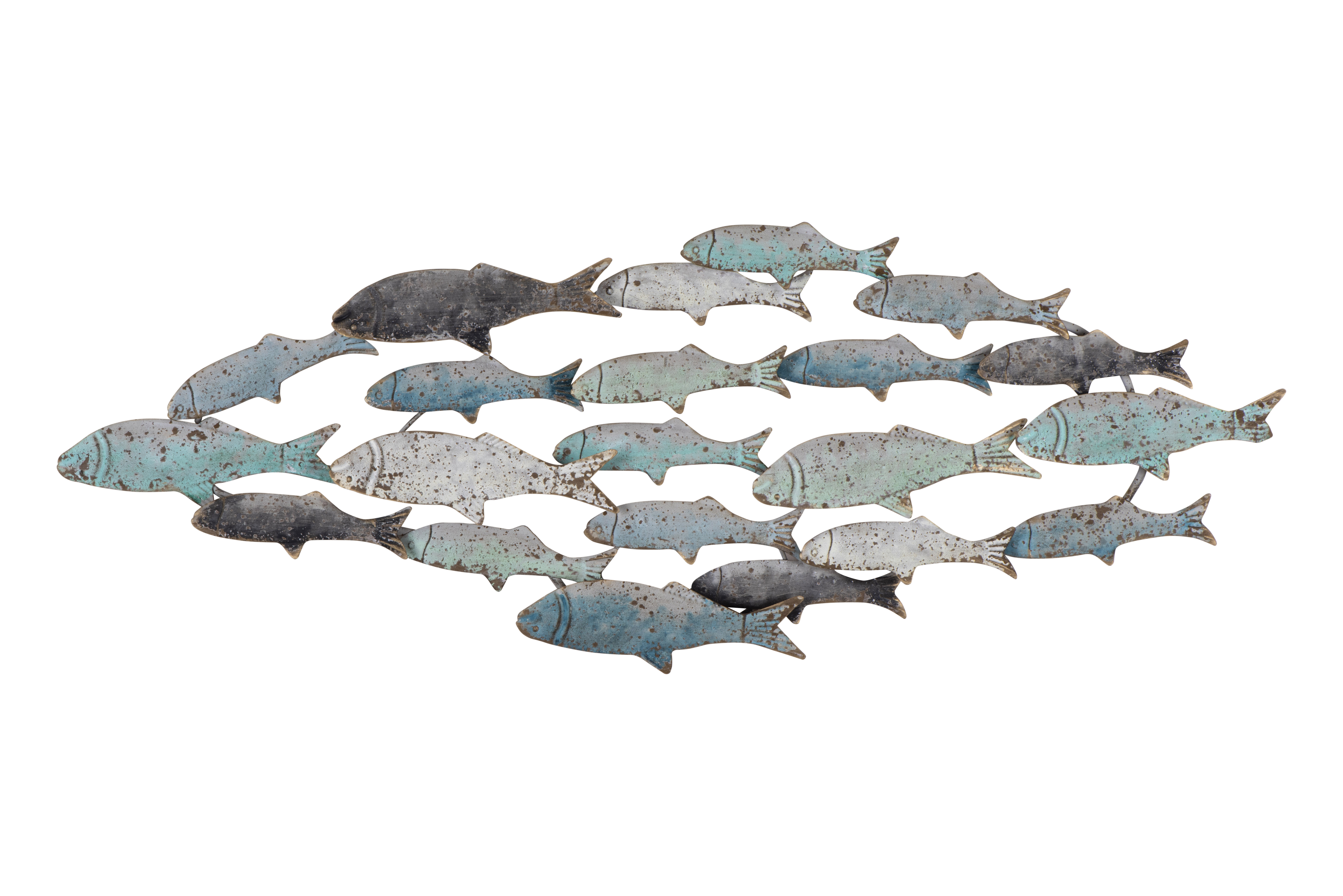 Rubber Wood School of Fish Wall Décor, Distressed Turquoise and White - Image 0