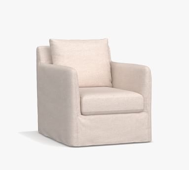 Bennett Slipcovered Swivel Armchair, Polyester Wrapped Cushions, Heathered Twill Stone - Image 1