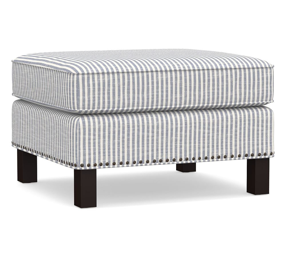 Tyler Upholstered Ottoman with Nailheads, Polyester Wrapped Cushions, Classic Stripe Blue - Image 0