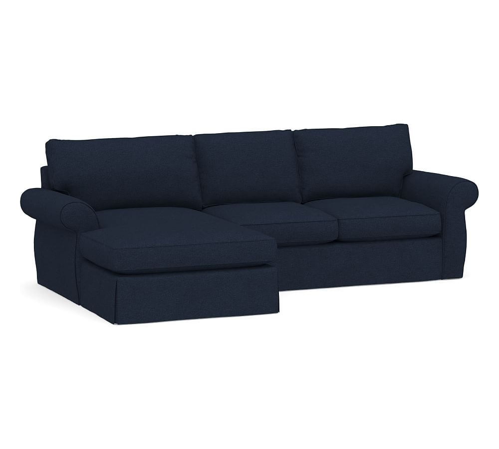 Pearce Roll Arm Slipcovered Right Arm Loveseat with Double Wide Chaise Sectional, Down Blend Wrapped Cushions, Performance Heathered Basketweave Navy - Image 0
