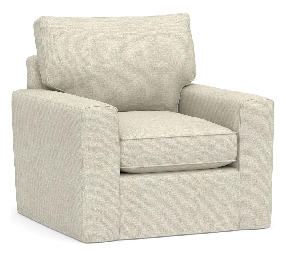 Pearce Square Arm Slipcovered Swivel Armchair, Down Blend Wrapped Cushions, Performance Heathered Basketweave Alabaster White - Image 0