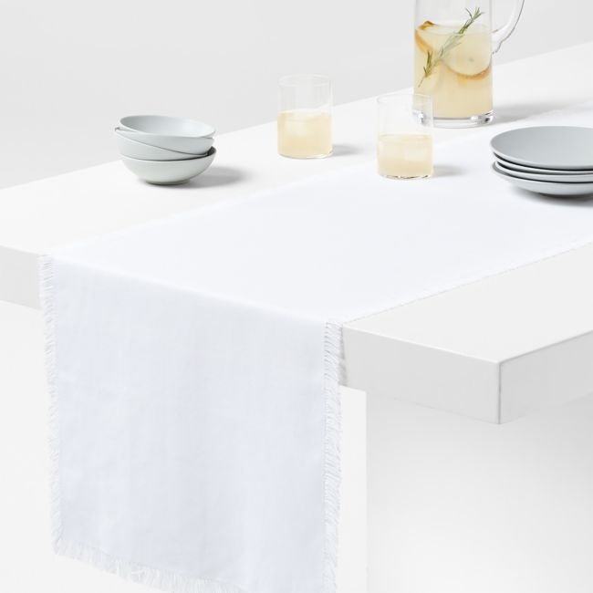Craft 120" Crisp White Organic Cotton Fringe Table Runner - Image 0