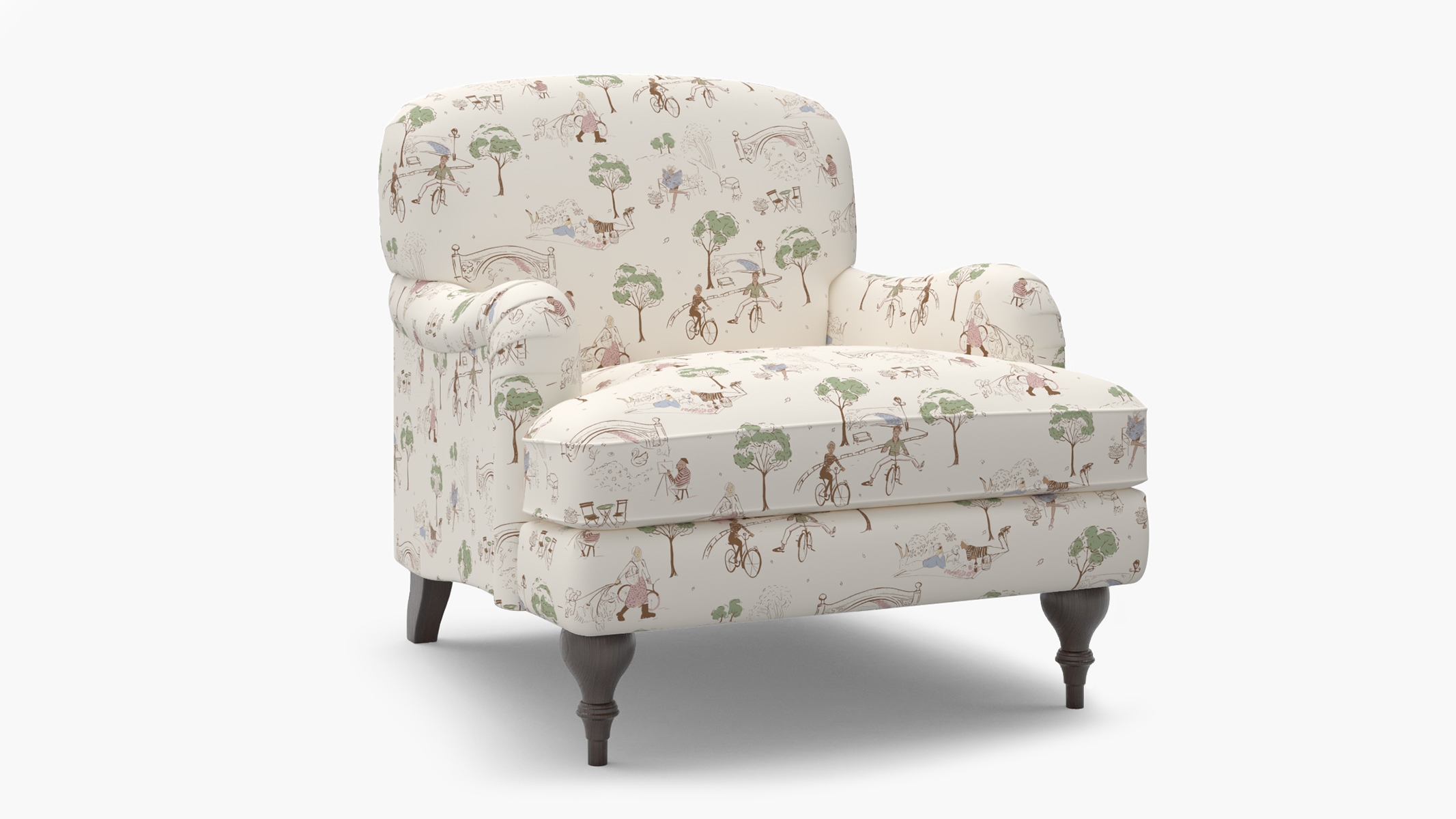 English Roll Arm Chair, Multi Central Park Toile, Espresso Turned Wood Leg - Image 1