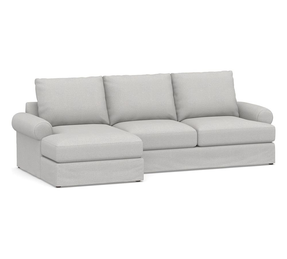 Canyon Roll Arm Slipcovered Right Arm Loveseat with Chaise Sectional, Down Blend Wrapped Cushions, Park Weave Ash - Image 0