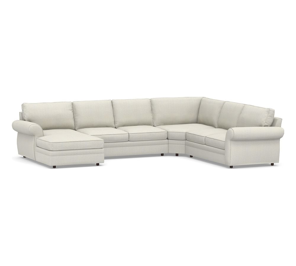 Pearce Roll Arm Upholstered Right arm 4-Piece Chaise Sectional with Wedge, Down Blend Wrapped Cushions, Performance Heathered Basketweave Dove - Image 0