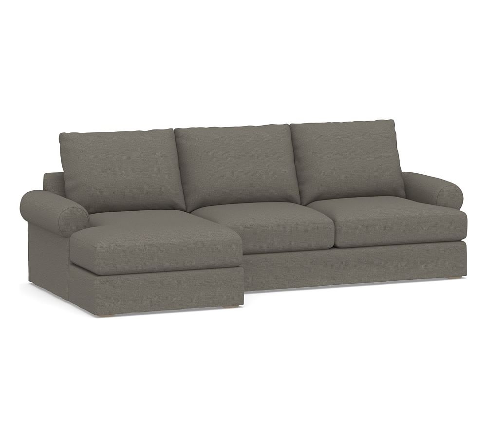 Canyon Roll Arm Slipcovered Right Arm Loveseat with Chaise Sectional, Down Blend Wrapped Cushions, Chunky Basketweave Metal - Image 0