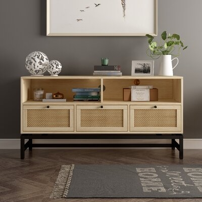 Quaint&Rustic TV Stand,3 Drawer With Rattan Elements,Unique And Natural TV Cabinet,Black Metal Frame,With Cable Management ,Can As Side Cabinet ,Locker,For Living Room Or Bedroom - Image 0