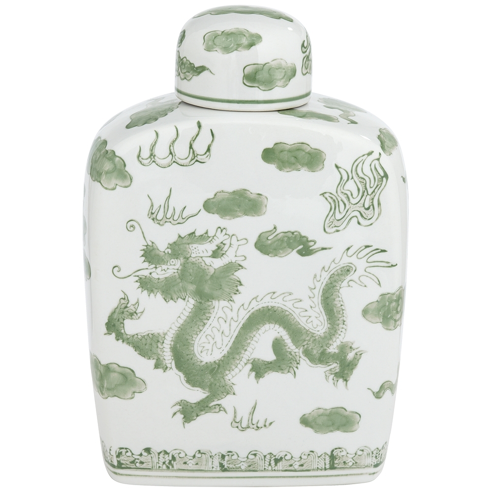 Sansui 10 1/2"H Green and White Ceramic Ginger Jar with Lid - Image 0