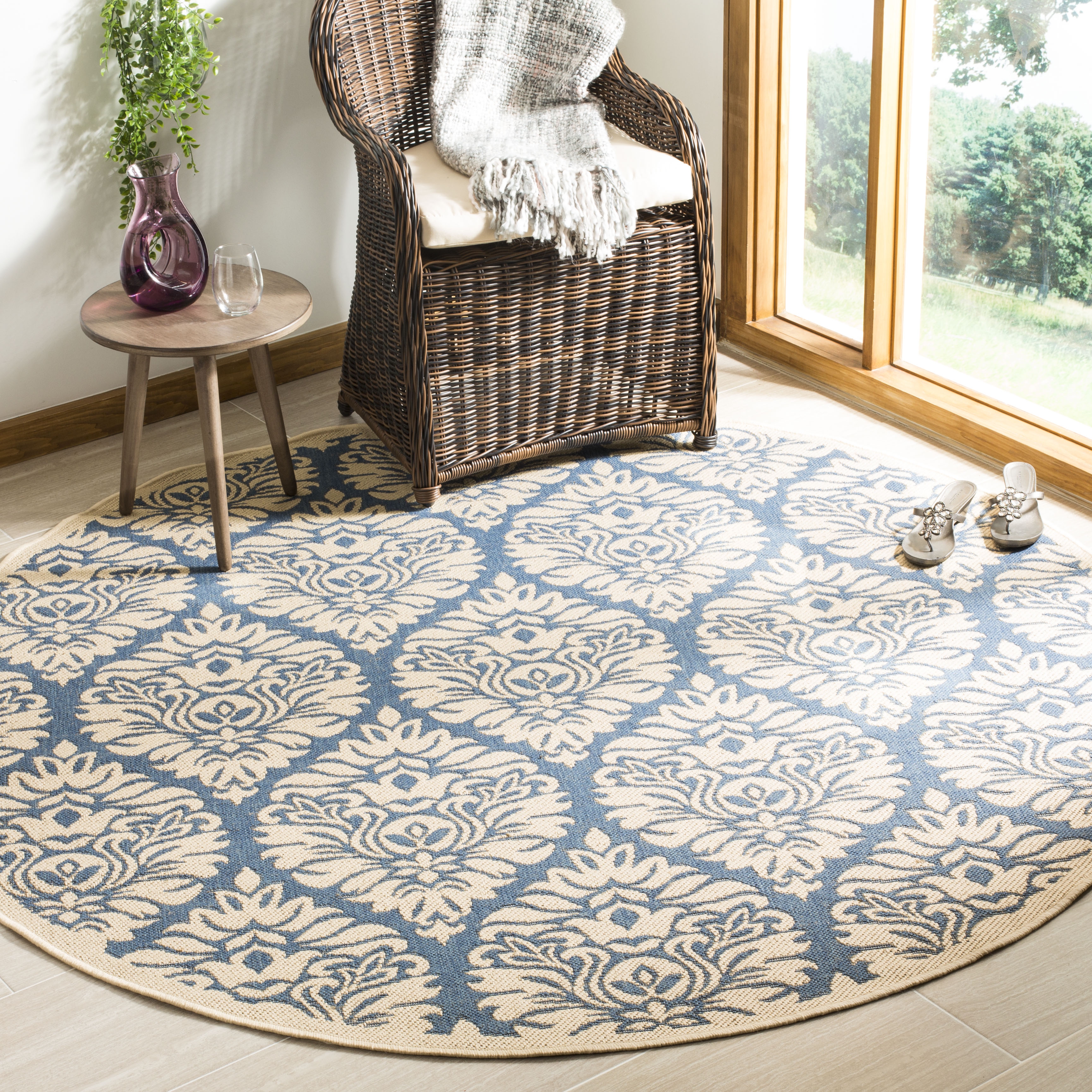 Arlo Home Indoor/Outdoor Woven Area Rug, LND135M, Blue/Cream,  6' 7" X 6' 7" Round - Image 1