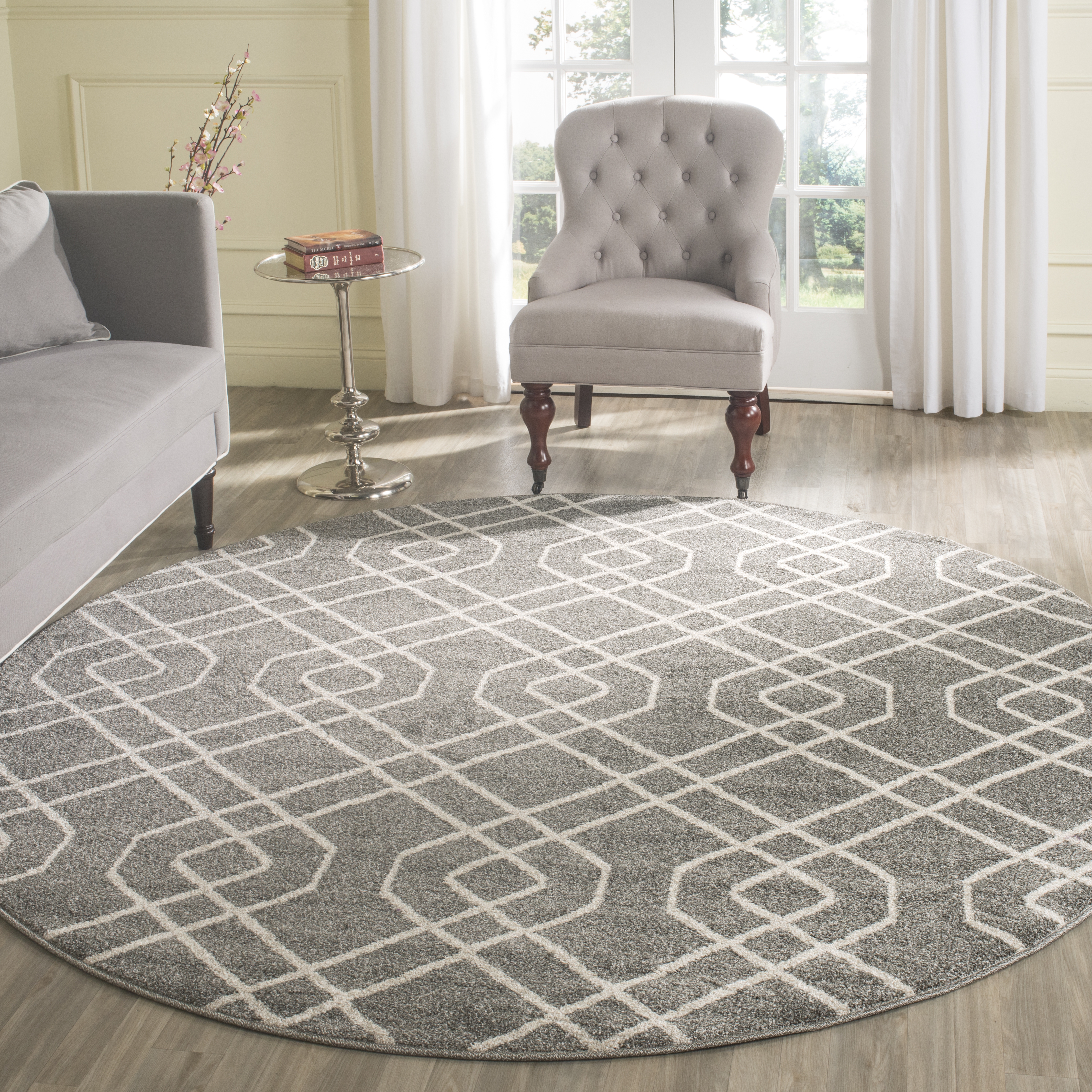 Arlo Home Indoor/Outdoor Woven Area Rug, AMT407C, Grey/Ivory,  7' X 7' Round - Image 1