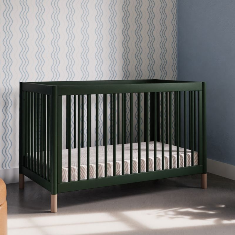 Babyletto Gelato Forest Green Natural Wood & Vegan Tan Leather 4-in-1 Convertible Baby Crib with Toddler Bed Conversion Kit - Image 2