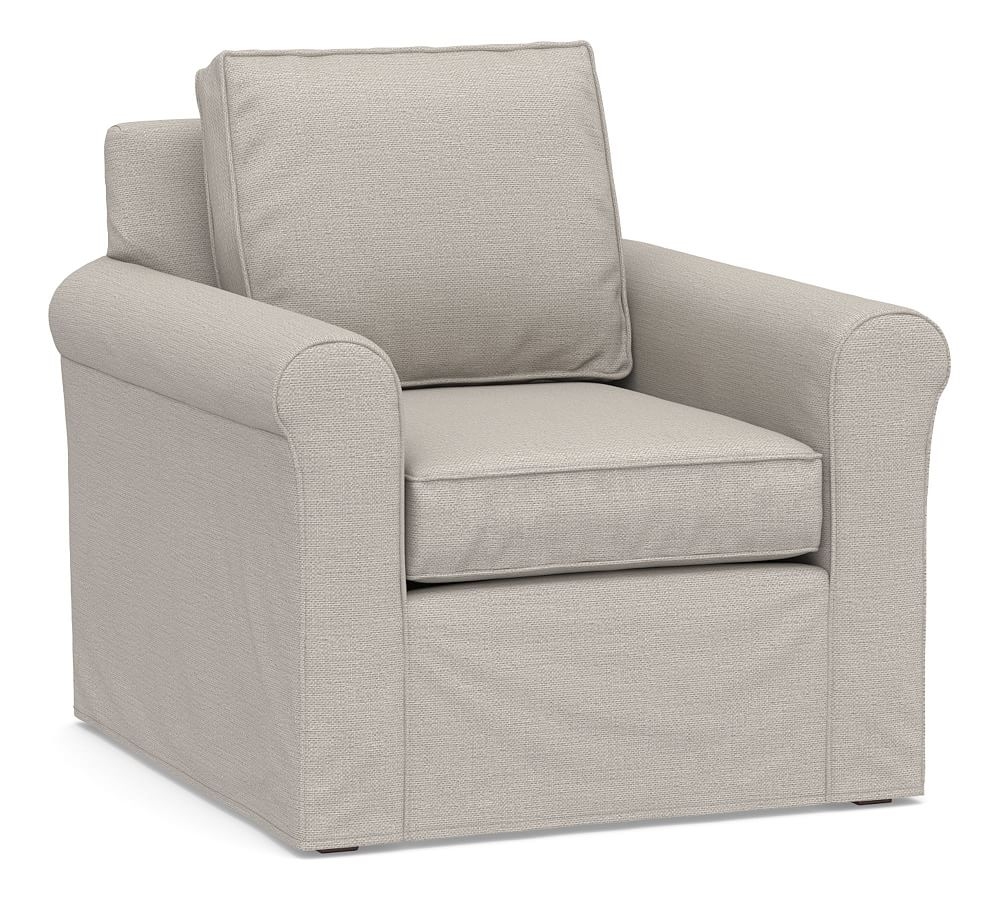 Cameron Roll Arm Slipcovered Deep Seat Armchair, Polyester Wrapped Cushions, Chunky Basketweave Stone - Image 0