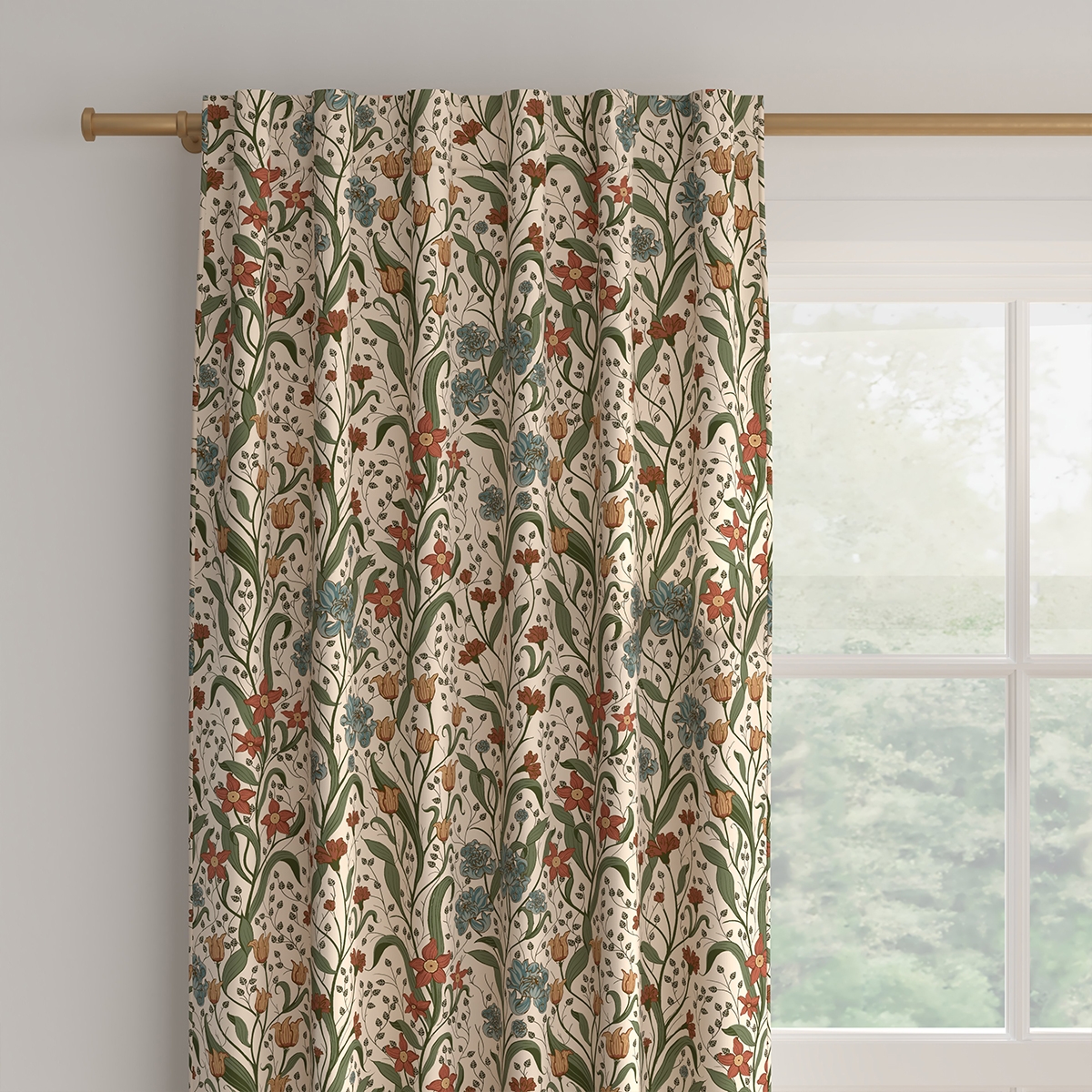 Printed Linen Curtain, Cedar Bloomsbury, 50" x 84", Unlined - Image 1