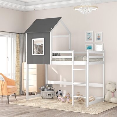 Twin Size Loft Bed With Roof, House Bed, Grey And White - Image 0