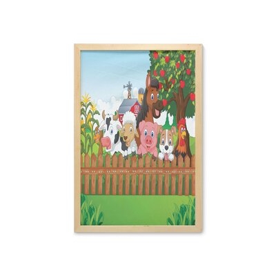 Ambesonne Cartoon Wall Art With Frame, Composition Farm Animals On Fence Comic Mascots Dog Cow Horse Design, Printed Fabric Poster For Bathroom Living Room Dorms, 23" X 35", Multicolor - Image 0