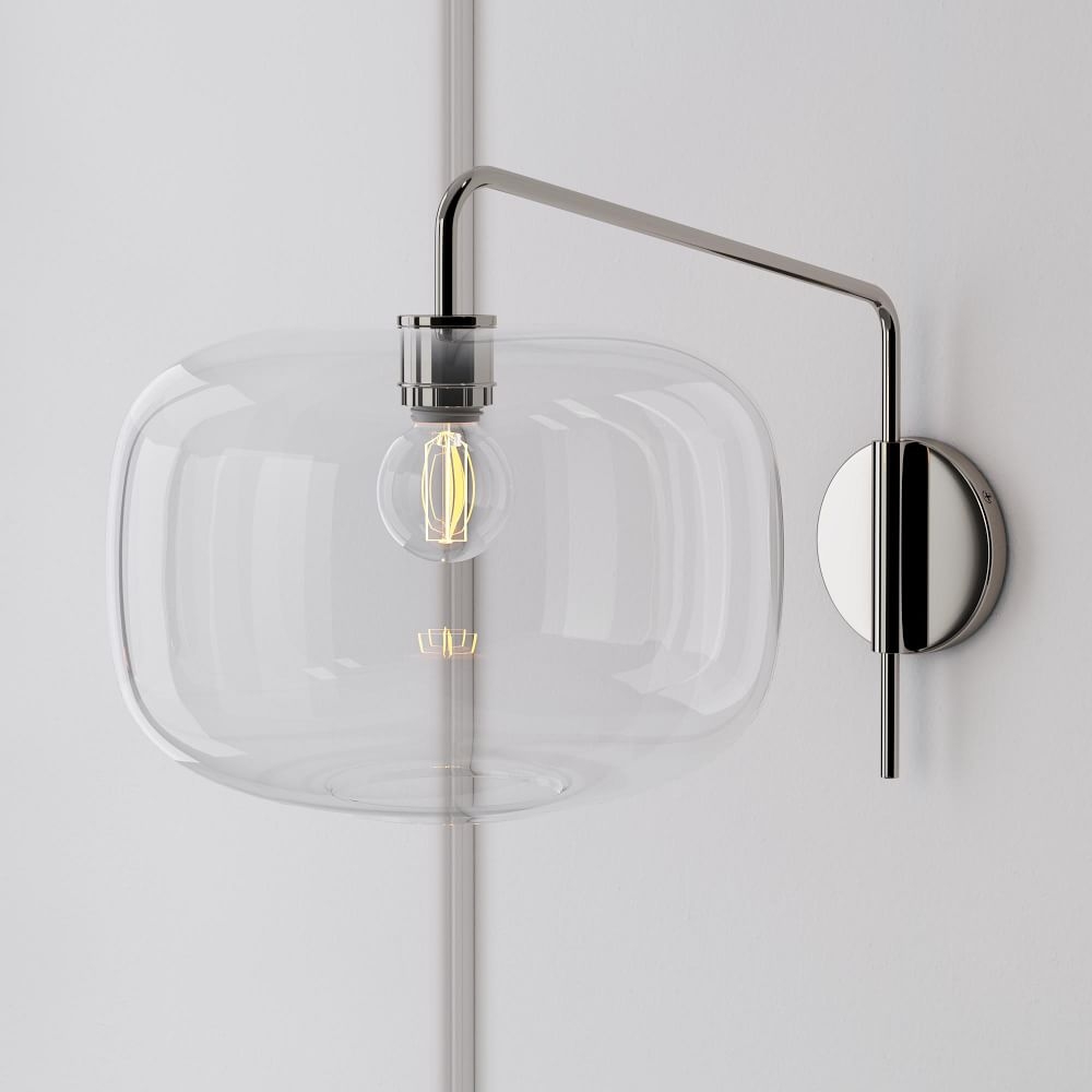 Sculptural Adjustable Sconce, Portable Convertible, Pebble Large, Clear, Polished Nickel, 10" - Image 0