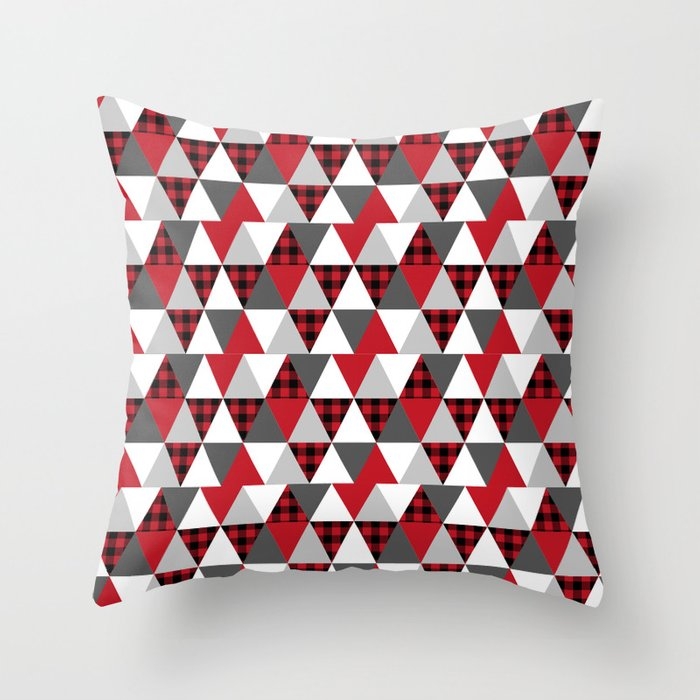 Quilt Pattern Buffalo Check Pattern Red Black And White With Grey Minimal Camping Throw Pillow by Charlottewinter - Cover (16" x 16") With Pillow Insert - Indoor Pillow - Image 0