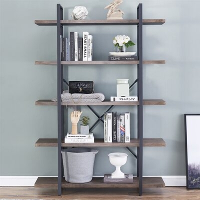 5-Shelf Vintage Industrial Style Bookcase, Rustic Farmhouse Storage Shelves With Metal Frame, Open Wide Office Etagere Book Shelf, Dark Brown - Image 0