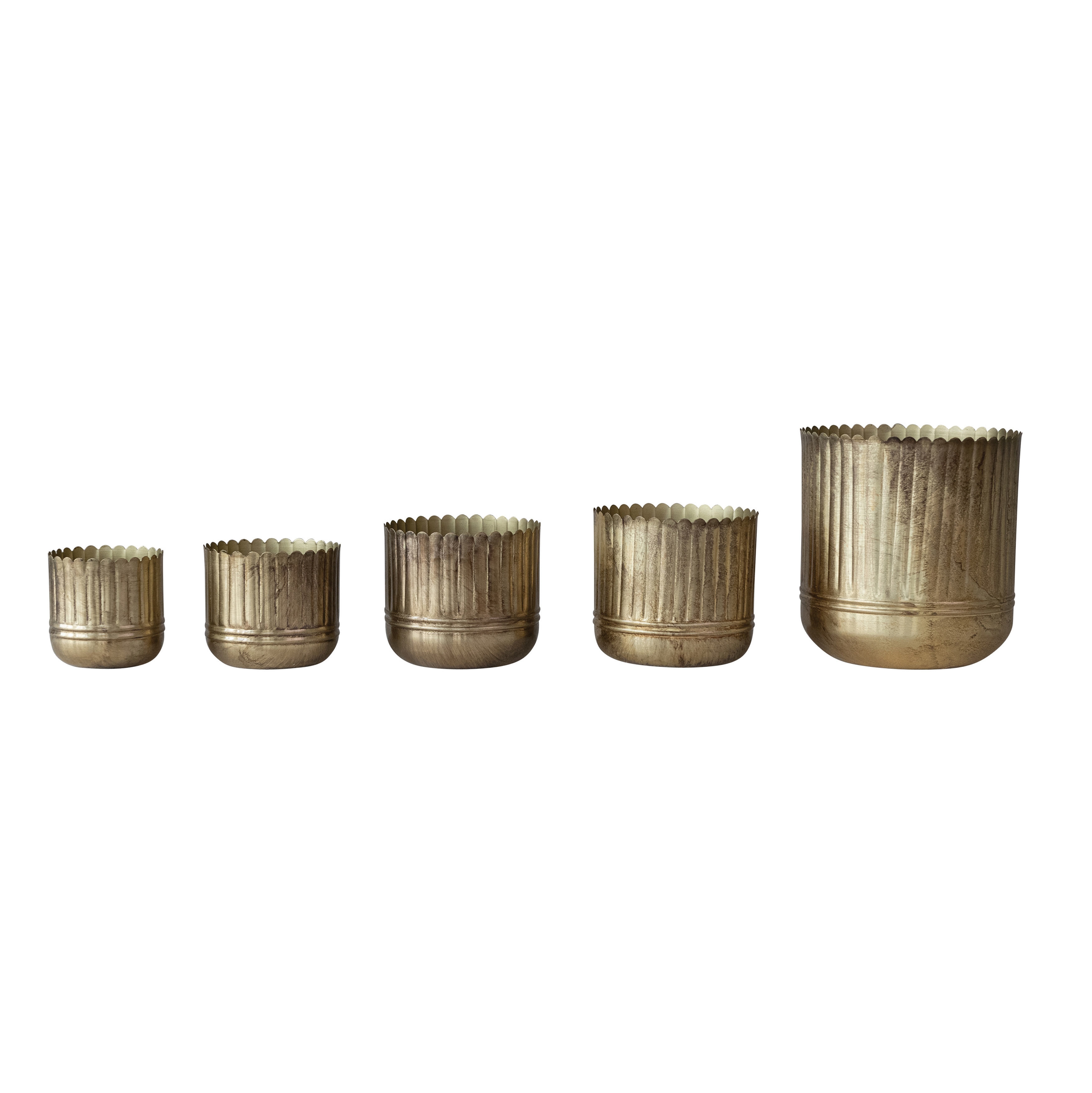 5-Piece Round Metal Fluted Planters with Scalloped Rims, Antique Gold Finish - Image 0