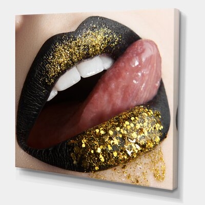 Female Lips Black Lipstick And Gold Sequins - Modern Canvas Wall Art Print - Image 0